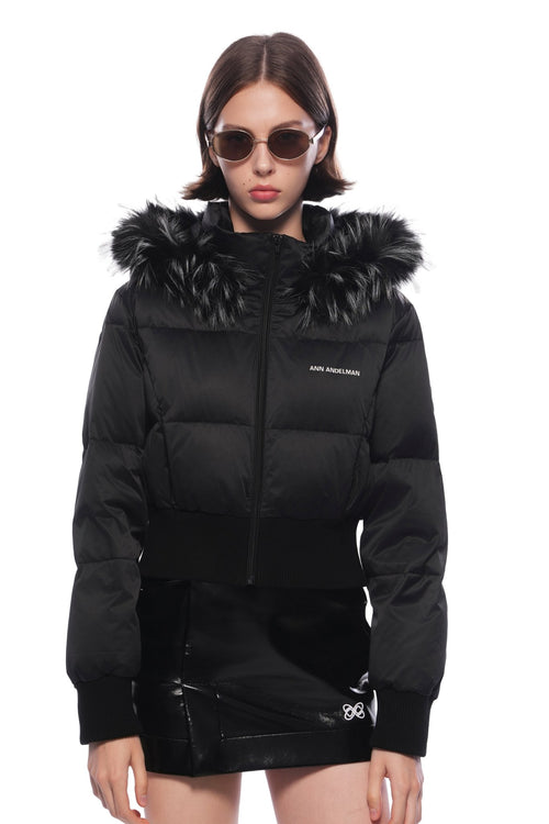 Black Hooded Down Jacket With Detachable Fur Collar - ANN ANDELMAN