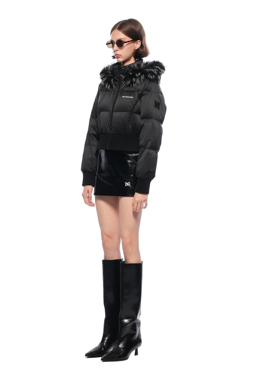 Black Hooded Down Jacket With Detachable Fur Collar - ANN ANDELMAN