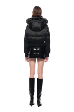 Black Hooded Down Jacket With Detachable Fur Collar - ANN ANDELMAN