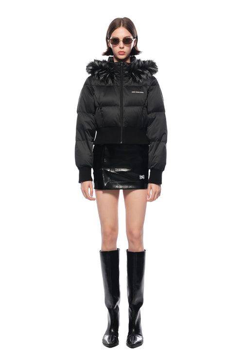 Black Hooded Down Jacket With Detachable Fur Collar - ANN ANDELMAN