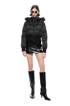 Black Hooded Down Jacket With Detachable Fur Collar - ANN ANDELMAN