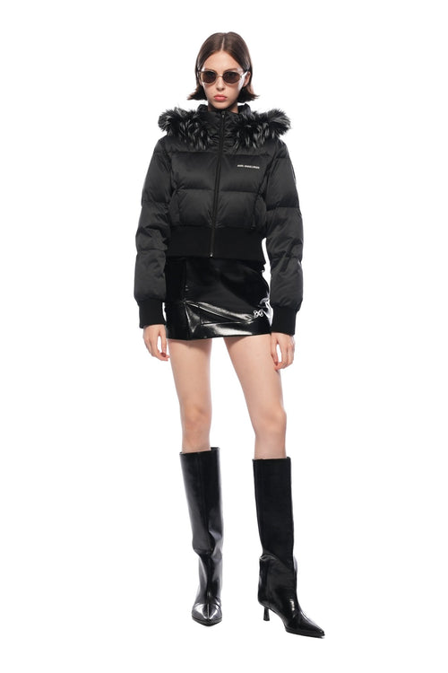 Black Hooded Down Jacket With Detachable Fur Collar - ANN ANDELMAN