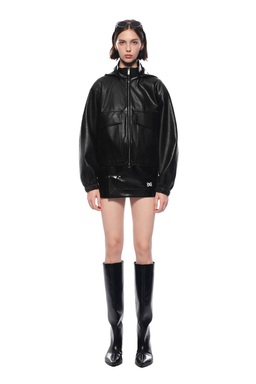 Black Hooded Zip - up Faux Leather Jacket - ANN ANDELMAN