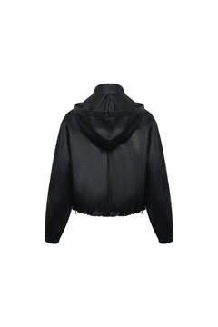 Black Hooded Zip - up Faux Leather Jacket - ANN ANDELMAN