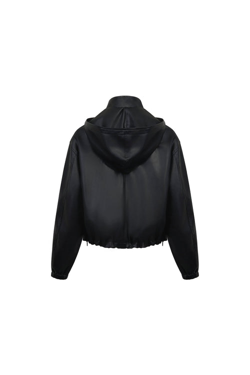 Black Hooded Zip - up Faux Leather Jacket - ANN ANDELMAN