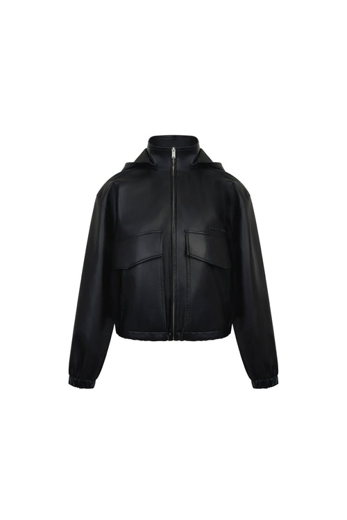Black Hooded Zip - up Faux Leather Jacket - ANN ANDELMAN