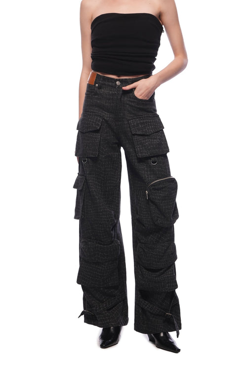 Black Laser - cut Washed Multi - pocket Cargo Jeans - ANN ANDELMAN