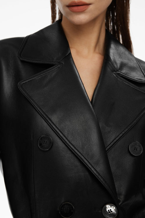 Black Leather Double - breasted Casual Suit Jacket - ANN ANDELMAN