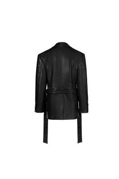 Black Leather Double - breasted Casual Suit Jacket - ANN ANDELMAN