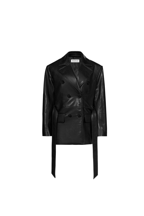 Black Leather Double - breasted Casual Suit Jacket - ANN ANDELMAN