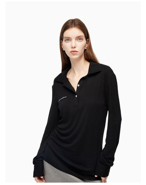 Black Long - sleeve Polo - collar Top - ANN ANDELMAN