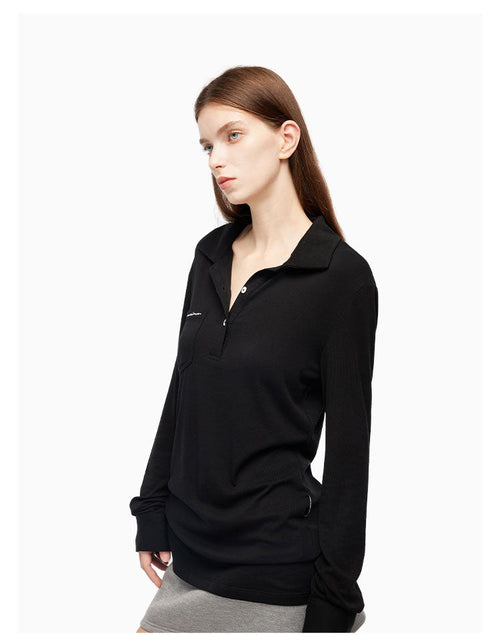 Black Long - sleeve Polo - collar Top - ANN ANDELMAN