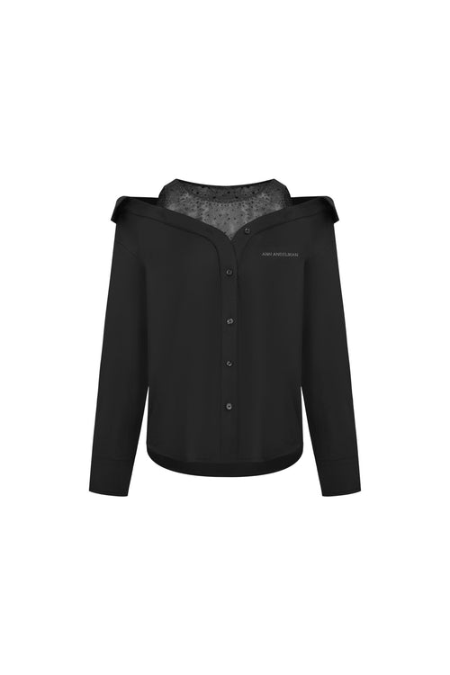 Black Mesh Rhinestone - embellished Panel Shirt - ANN ANDELMAN