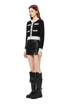 Black Metal Button Multi - pocket Knit Cardigan - ANN ANDELMAN