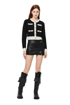 Black Metal Button Multi - pocket Knit Cardigan - ANN ANDELMAN