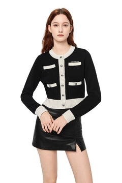 Black Metal Button Multi - pocket Knit Cardigan - ANN ANDELMAN