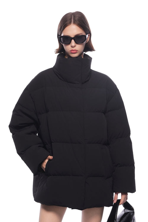 Black Mid - length Hooded Down Jacket - ANN ANDELMAN