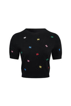 Black Multicolored Embroidered Knit Short - Sleeve - ANN ANDELMAN