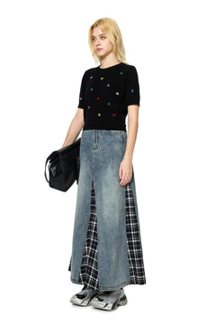 Black Multicolored Embroidered Knit Short - Sleeve - ANN ANDELMAN