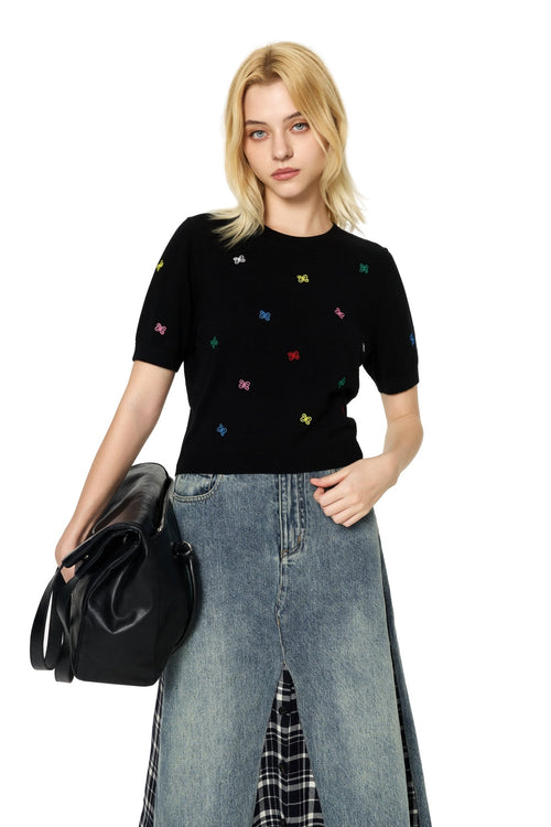 Black Multicolored Embroidered Knit Short - Sleeve - ANN ANDELMAN