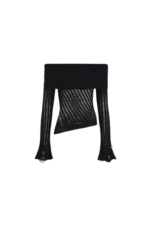 Black Off - shoulder Knit Textured Long - sleeved Top - ANN ANDELMAN
