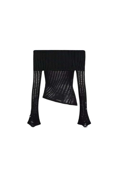 Black Off - shoulder Knit Textured Long - sleeved Top - ANN ANDELMAN