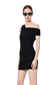Black One-shoulder Ribbed Dress - ANN ANDELMAN