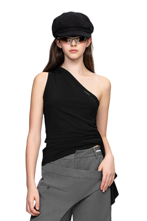 Black One Shoulder Stretch Knit Ribbon Top - ANN ANDELMAN