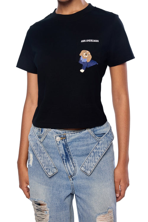 Black Puppy Embroidered Cropped T-Shirt - ANN ANDELMAN