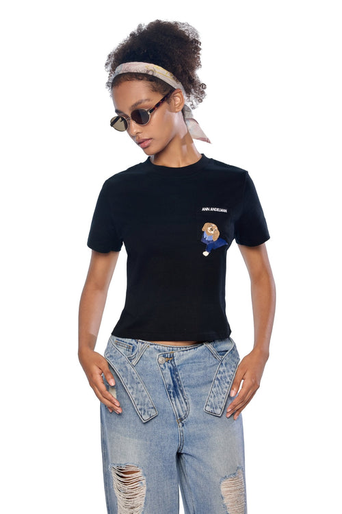 Black Puppy Embroidered Cropped T-Shirt - ANN ANDELMAN