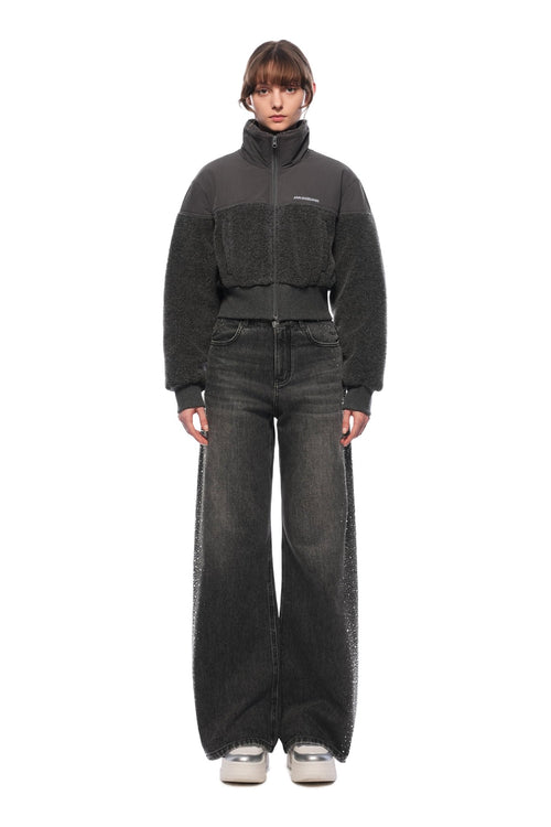 Black Rhinestones Straight - leg Wide - leg Jeans - ANN ANDELMAN