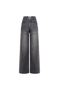 Black Rhinestones Straight - leg Wide - leg Jeans - ANN ANDELMAN