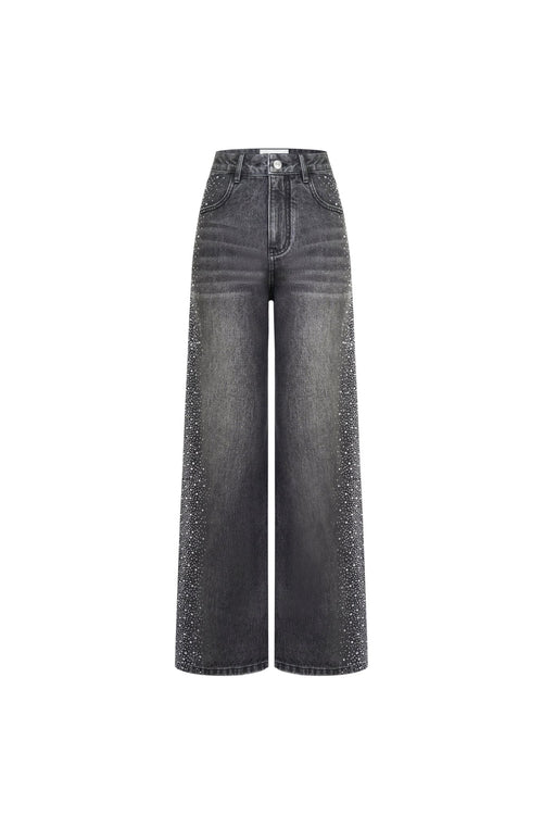 Black Rhinestones Straight - leg Wide - leg Jeans - ANN ANDELMAN