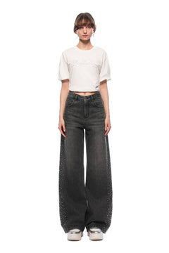 Black Rhinestones Straight - leg Wide - leg Jeans - ANN ANDELMAN