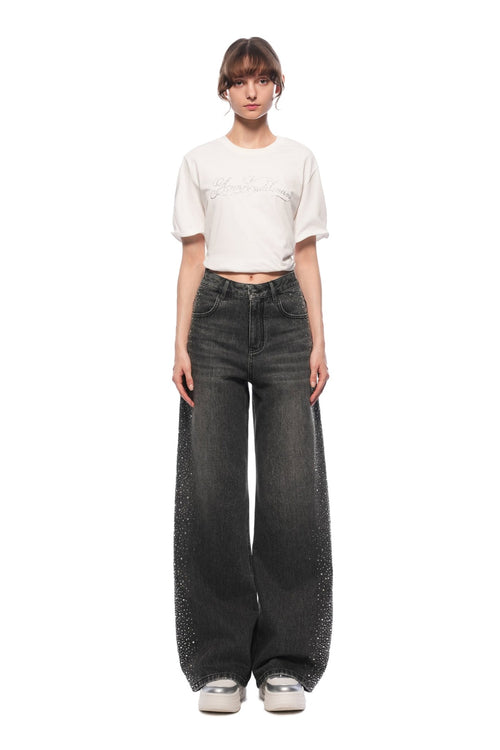 Black Rhinestones Straight - leg Wide - leg Jeans - ANN ANDELMAN