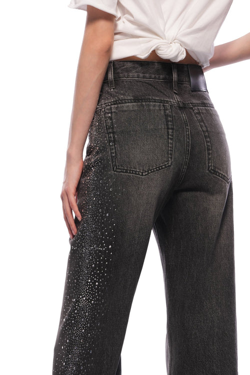 Black Rhinestones Straight - leg Wide - leg Jeans - ANN ANDELMAN