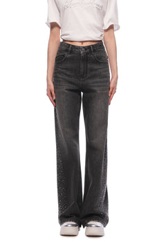 Black Rhinestones Straight - leg Wide - leg Jeans - ANN ANDELMAN