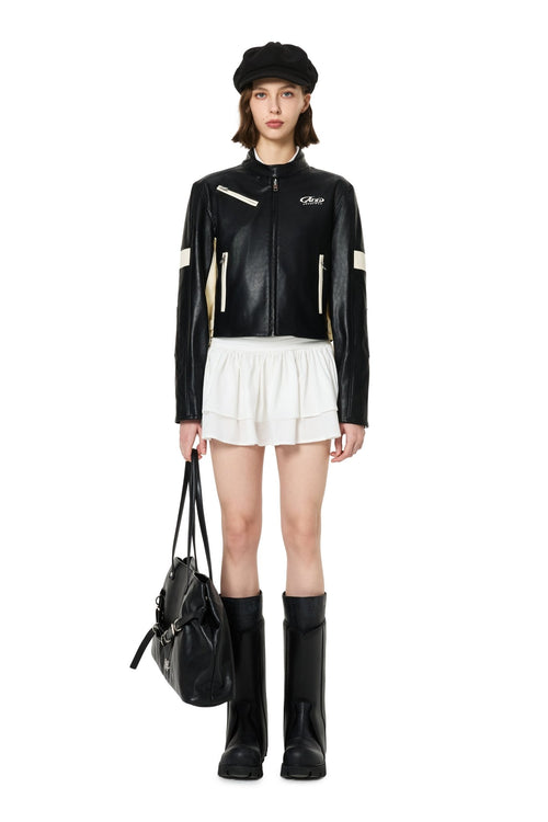 Black Scheme PU Short Motorcycle Jacket - ANN ANDELMAN