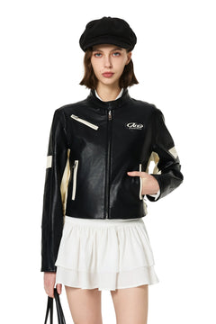 Black Scheme PU Short Motorcycle Jacket - ANN ANDELMAN