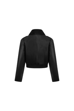 Black Short Fleece - lined Faux Leather Jacket With Fur Collar - ANN ANDELMAN