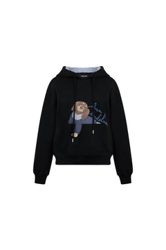 Black Short Kangaroo Pocket Hoodie With Puppy Print - ANN ANDELMAN