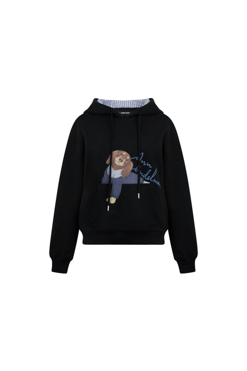 Black Short Kangaroo Pocket Hoodie With Puppy Print - ANN ANDELMAN