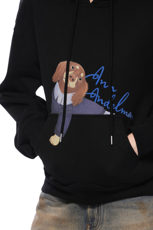 Black Short Kangaroo Pocket Hoodie With Puppy Print - ANN ANDELMAN