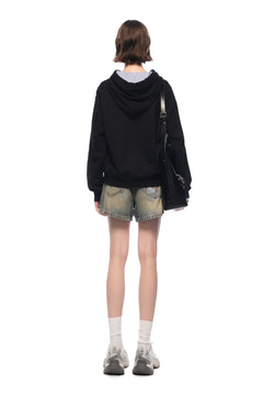 Black Short Kangaroo Pocket Hoodie With Puppy Print - ANN ANDELMAN