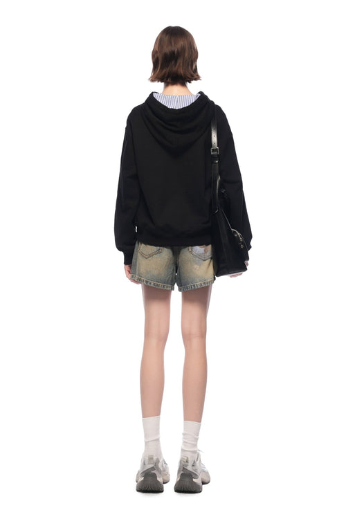 Black Short Kangaroo Pocket Hoodie With Puppy Print - ANN ANDELMAN