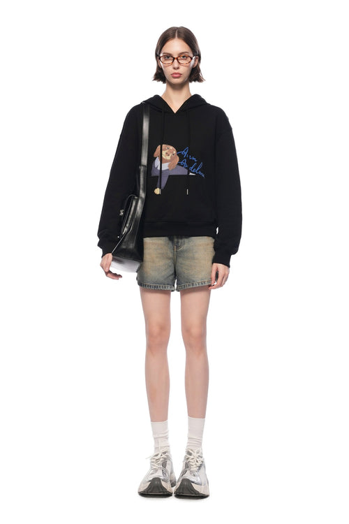 Black Short Kangaroo Pocket Hoodie With Puppy Print - ANN ANDELMAN