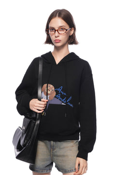 Black Short Kangaroo Pocket Hoodie With Puppy Print - ANN ANDELMAN