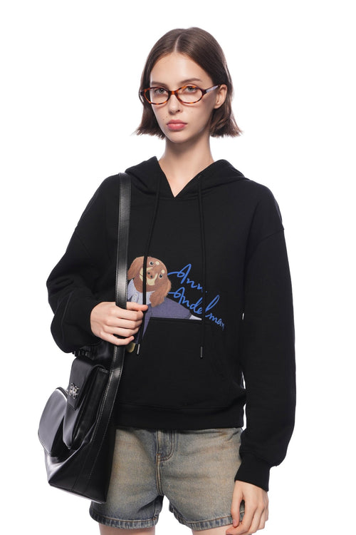 Black Short Kangaroo Pocket Hoodie With Puppy Print - ANN ANDELMAN