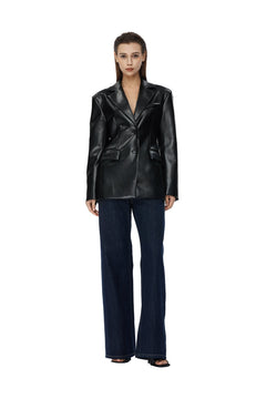 Black Slim Fit Leather Blazer - ANN ANDELMAN