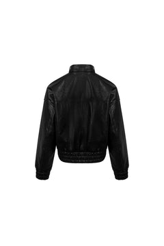 Black Stand - up Collar Faux Leather Jacket - ANN ANDELMAN